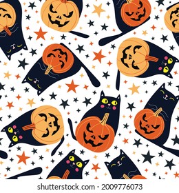 Seamless pattern with festive Halloween cats and pumpkins. Black kittens with jack o lanterns. Repeat tile swatch stars on white background for scrapbook, fabric, wrapping paper