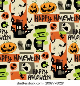 Seamless pattern with festive Halloween Frankenstein. Funny characters. Repeat tile swatch with orange, black, green for scrapbook, fabric, wrapping paper