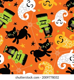 Seamless pattern with festive Halloween Frankenstein. Funny characters. Repeat tile swatch with orange, black, green for scrapbook, fabric, wrapping paper