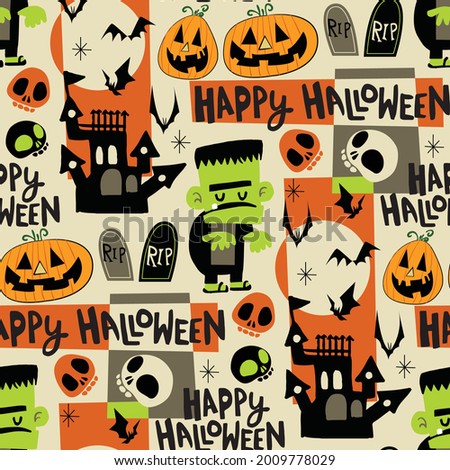 Seamless pattern with festive Halloween Frankenstein. Funny characters. Repeat tile swatch with orange, black, green for scrapbook, fabric, wrapping paper