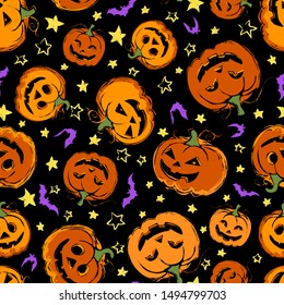 Seamless pattern with festive Halloween pumpkins. Jack orange lantern drawn with carved faces. Repeat tile swatch with purple bats, orange icons and yellow stars for scrapbook, fabric, wrapping paper