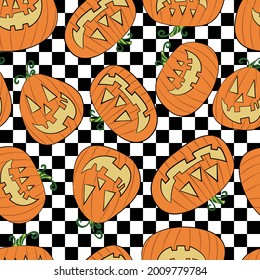 Seamless pattern with festive Halloween pumpkins. Jack orange lantern drawn with carved faces. Repeat tile swatch with gingham plaid black and white background for scrapbook, fabric, wrapping paper