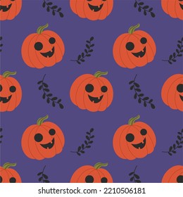 Seamless pattern with festive Halloween pumpkins and black branches on a purple background. An orange Jack-o'-lantern with carved faces. Scrapbook, fabric, wrapping paper.
