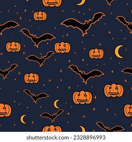 Seamless pattern with festive Halloween pumpkins, bats, moon, stars. Jack orange lantern drawn with carved faces.  Seamless pattern for scrapbooks, wrapping paper, fabric. Vector illustrated doodle. 