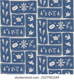 Seamless pattern with festive holiday elements. Doves, snowflakes, candles and gifts in blue and white color scheme. Blocks folk winter surface pattern design. Vector hand drawn illustration.