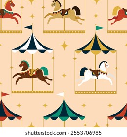 Seamless pattern with festive merry-go-round, vintage carousel with horses. Hand drawn vector illustration