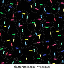 Seamless pattern with festive multicolored garlands on black background. Vector illustration.