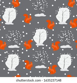 Seamless pattern festive new year, Christmas background with bushes in the snow and a squirrel toy for printing, children's fabrics