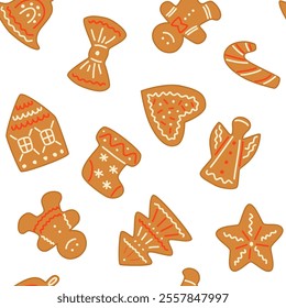 Seamless pattern of festive New Year's gingerbread cookies decorated with colored glaze. Vector color illustration on white background.
