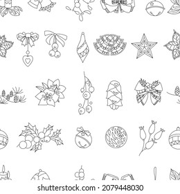 Seamless pattern with festive objects for Christmas tree decoration. Black and white festive balls, stars, candles with ribbons on white background. Endless texture for season design and coloring book