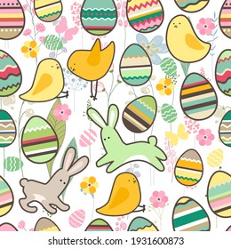 Seamless pattern with festive painted eggs, stylized flowers and pretty rabbits. Endless texture for your design.