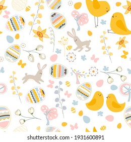 Nahtloses Muster mit festlich bemalten Eiern, stylisierten Blumen und hübschen Kaninchen. Endlose Textur für Ihr Design.