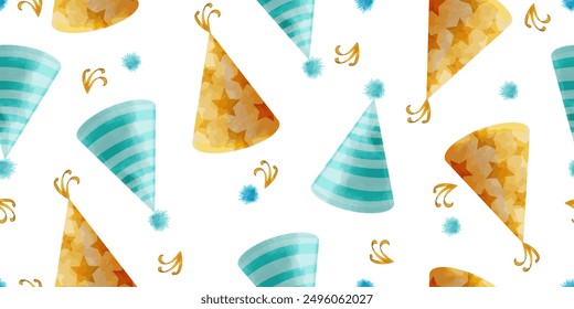 Seamless pattern with festive paper caps and confetti. Bright vector background with hats for design of birthday, parties, wrapping paper, gift bags, scrapbooking.