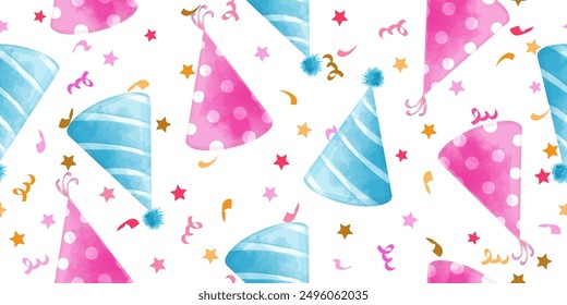 Seamless pattern with festive paper caps and confetti. Bright vector background with hats for design of birthday, parties, wrapping paper, gift bags, scrapbooking.