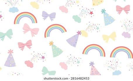 Seamless pattern with festive party hats, rainbows, colorful bows, and sparkling fireworks for cheerful children design themes.