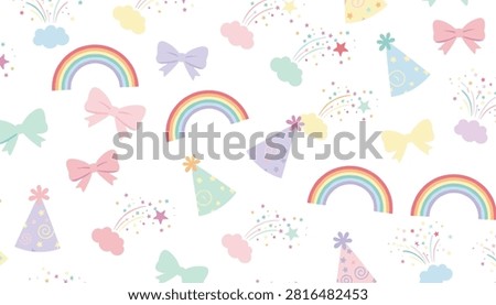 Seamless pattern with festive party hats, rainbows, colorful bows, and sparkling fireworks for cheerful children design themes.