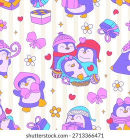 Patrón sin fisuras de pingüino festivo en el país de las maravillas lleno de alegre encanto de vacaciones y alegría caprichosa de invierno. Ilustración vectorial.