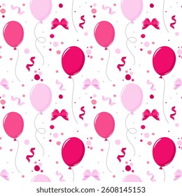 The seamless pattern is festive with pink balloons and bows.