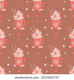 Seamless pattern with Festive red cup with Hot Cocoa with Marshmallows hearts on Mocha Mousse brown background with stars. Christmas New Year backdrop. Vector illustration