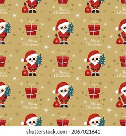 Seamless pattern with festive red gift box, Santa Claus, inscription merry Christmas and stars on gold background. Bright print for New Year and winter holidays for wrapping paper, textile and design