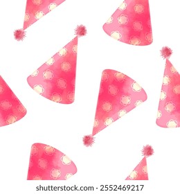 Seamless pattern with festive red paper caps. Vector background with hats for design of birthday