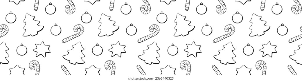Seamless pattern of festive symbols - figures of Christmas trees, candy canes, stars, xmas balls, decorations in doodle style. Outline texture for Merry Christmas, Happy New Year