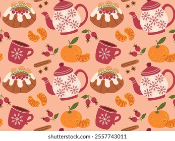 Seamless pattern with festive tea party. Delicious pie, tea, tangerine, spices vector illustration. Food illustration for gift wrapping, fashion textile print, wallpaper, menu design.