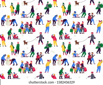 Seamless Pattern with festive teenagers with shopping bags , adults with kids. 