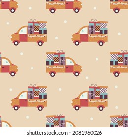 Seamless pattern Festive truck with gifts for Christmas and New Year. Snowing. Delivery of gifts. Holiday car print. Colorful vector illustration hand drawn. Wrapping, textile, fabric or paper