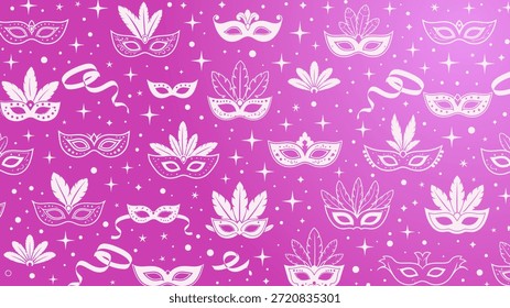 Padrão contínuo com festivo carnaval branco e máscaras mascaradas, estrelas e fitas em um fundo de gradiente roxo vibrante.