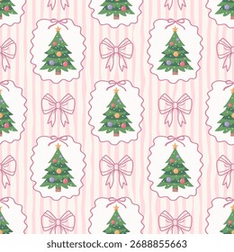 Patrón sin fisuras con árboles de Navidad de invierno festivo y arcos. Fondo retro.