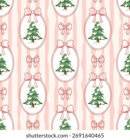 Seamless pattern with festive winter Christmas trees in frames and bows. Retro festive background. 