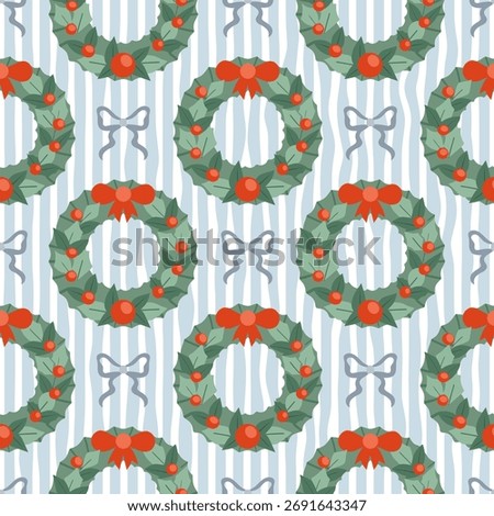 Seamless pattern with festive winter Christmas Wreath and bows on striped background. Retro festive background.