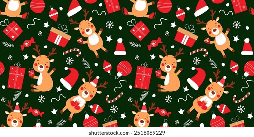 Seamless pattern with festive winter decor, cute deer, gifts, snowflakes. Vector graphics.