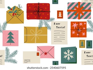 Seamless pattern with Festive xmas greeting card. Santa Claus post office mail. Christmas Santa Claus letter. Xmas holidays wish list letter, mailing envelope with postmark. Gift box