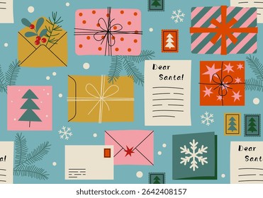 Seamless pattern with Festive xmas greeting card. Santa Claus post office mail. Christmas Santa Claus letter. Xmas holidays wish list letter, mailing envelope with postmark. Gift box