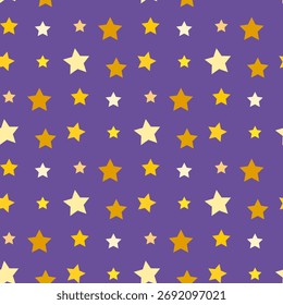 Seamless pattern with festive yellow stars on violet backgound. Vector image.