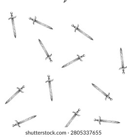 seamless pattern feudal sword medieval hand drawn. shield chainmail, catapult archer, heraldry joust feudal sword medieval black sketch illustration