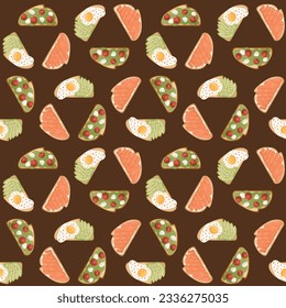 Seamless pattern with few toasts with avocado, tomatoes and mozzarella, salmon. Healthy eating, nutrition, diet, cooking, fresh food concept. Perfect for product design, scrapbooking, textile wrapping