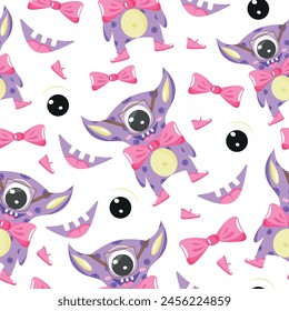 seamless pattern with a fictional character in the image of a purple monster with one eye in glasses and with a pink bow and pink boots, a character for children, for design, packaging or textile