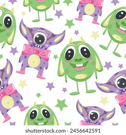 seamless pattern with fictional, colorful monsters, namely a green monster with long ears and a purple one with glasses and a pink bow, for banners, posters or children's textiles