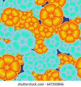 Seamless pattern. Fictional five-petal flowers. The random order.  Orange, yellow, green, purple, blue.