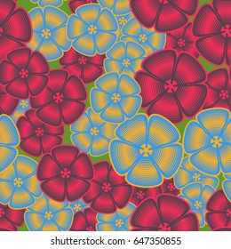 Seamless pattern. Fictional five-petal flowers. The random order.  Red, blue, gray, green.