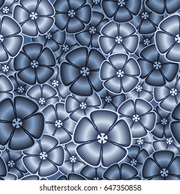 Seamless pattern. Fictional five-petal flowers. The random order.  Blue-gray.