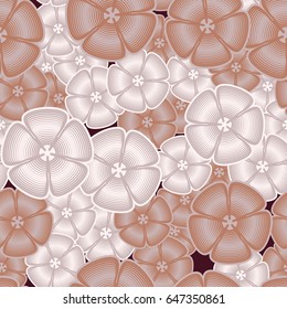 Seamless pattern. Fictional five-petal flowers. The random order.  White-gray-brown tones.