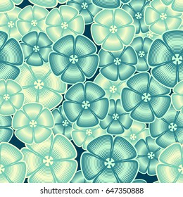 Seamless pattern. Fictional five-petal flowers. The random order. Blue tones, pale yellow.