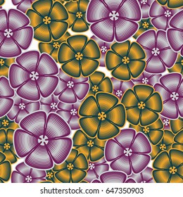 Seamless pattern. Fictional five-petal flowers. The random order.  Purple, gray, blue-green, white.