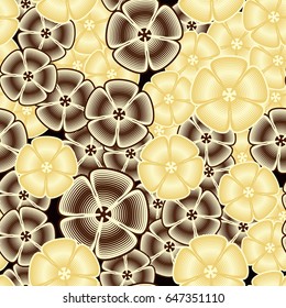 Seamless pattern. Fictional five-petal flowers. The random order. Gold and bronze.