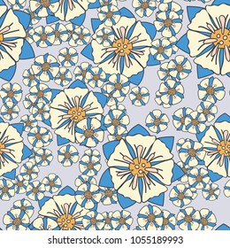 Seamless pattern. Fictional flowers arranged in random order. Texture for fashion, wallpaper and backgrounds.