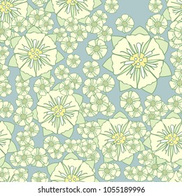 Seamless pattern. Fictional flowers arranged in random order. Texture for fashion, wallpaper and backgrounds.